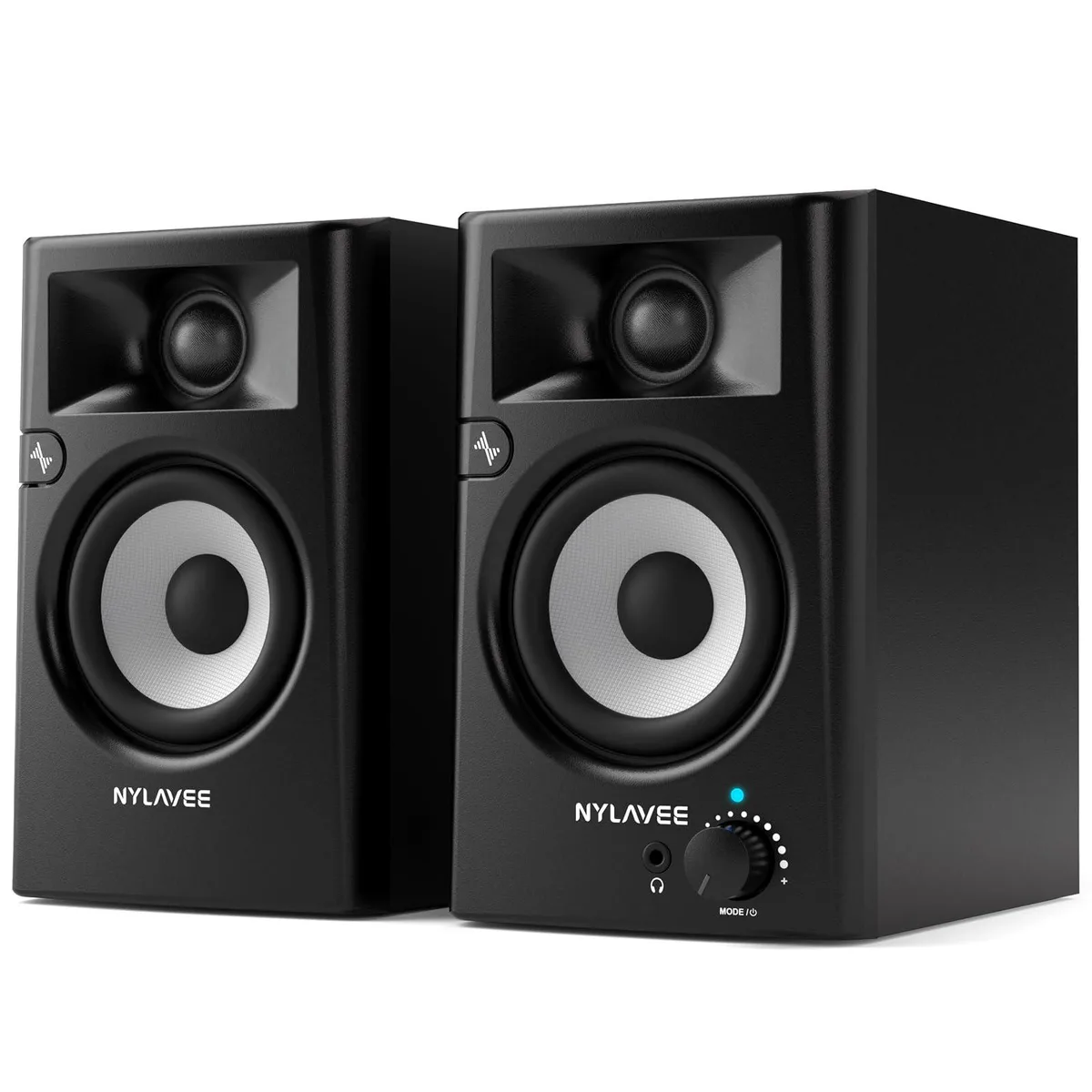 Pair of black bookshelf speakers with front knobs and headphone jack