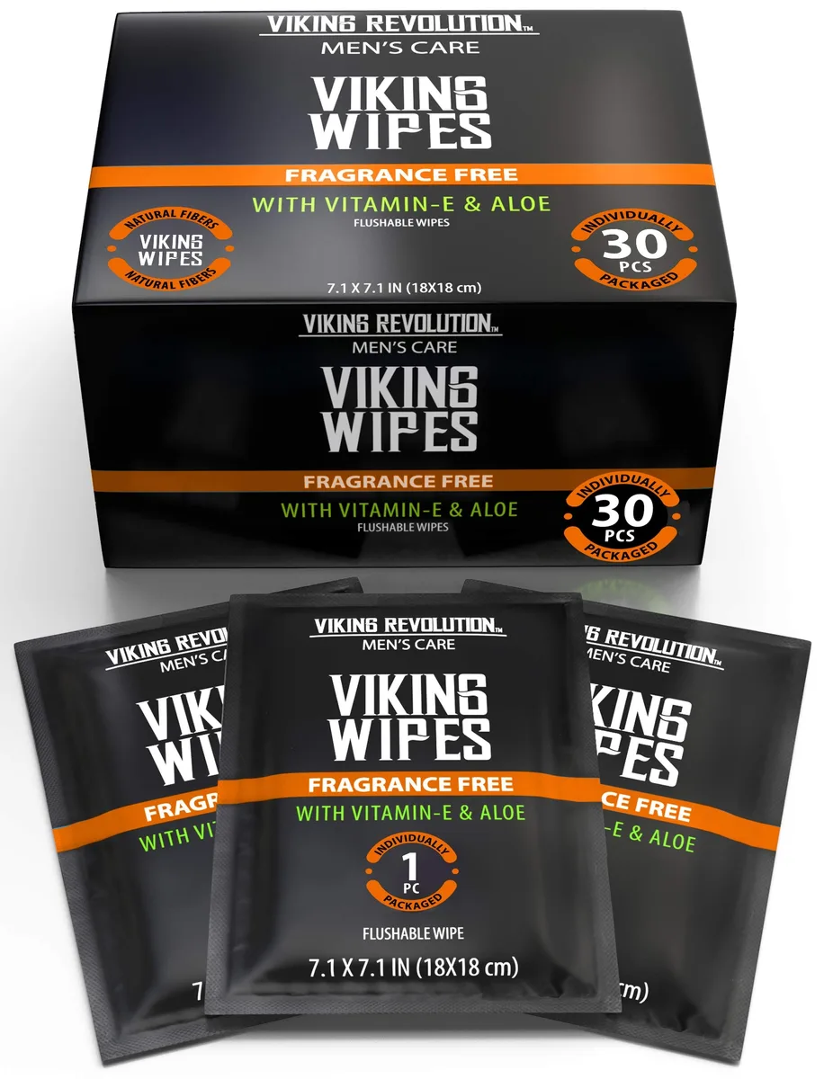 White rectangular box containing 30 individually wrapped flushable wipes
