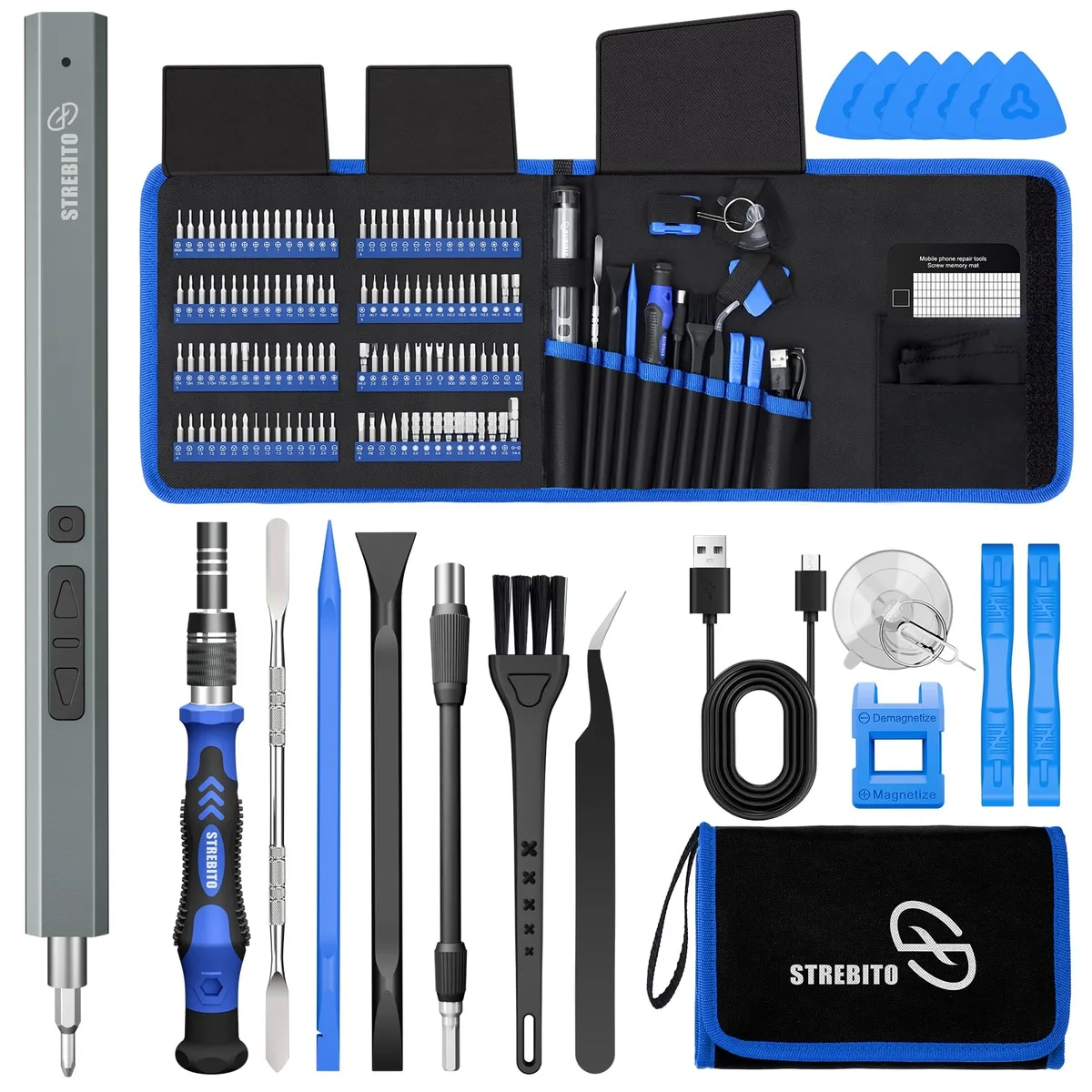 Red precision screwdriver kit with electric driver, manual handle and organised bit storage