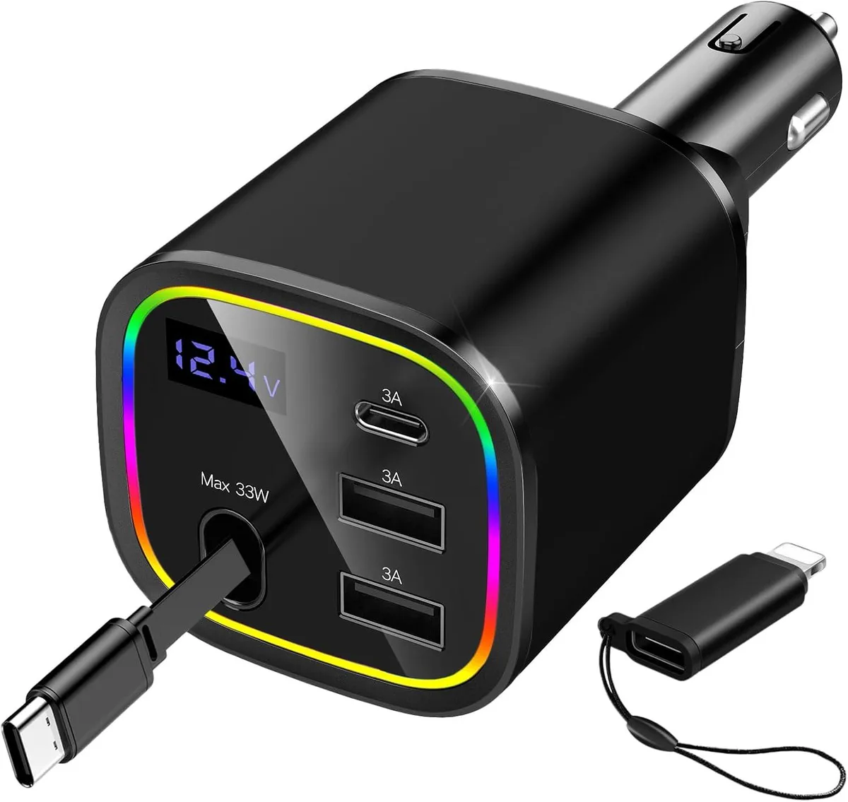 Hamzan Hamzan 78W 4-in-1 Car Charger USB-C Retractable Cable Black — product photo