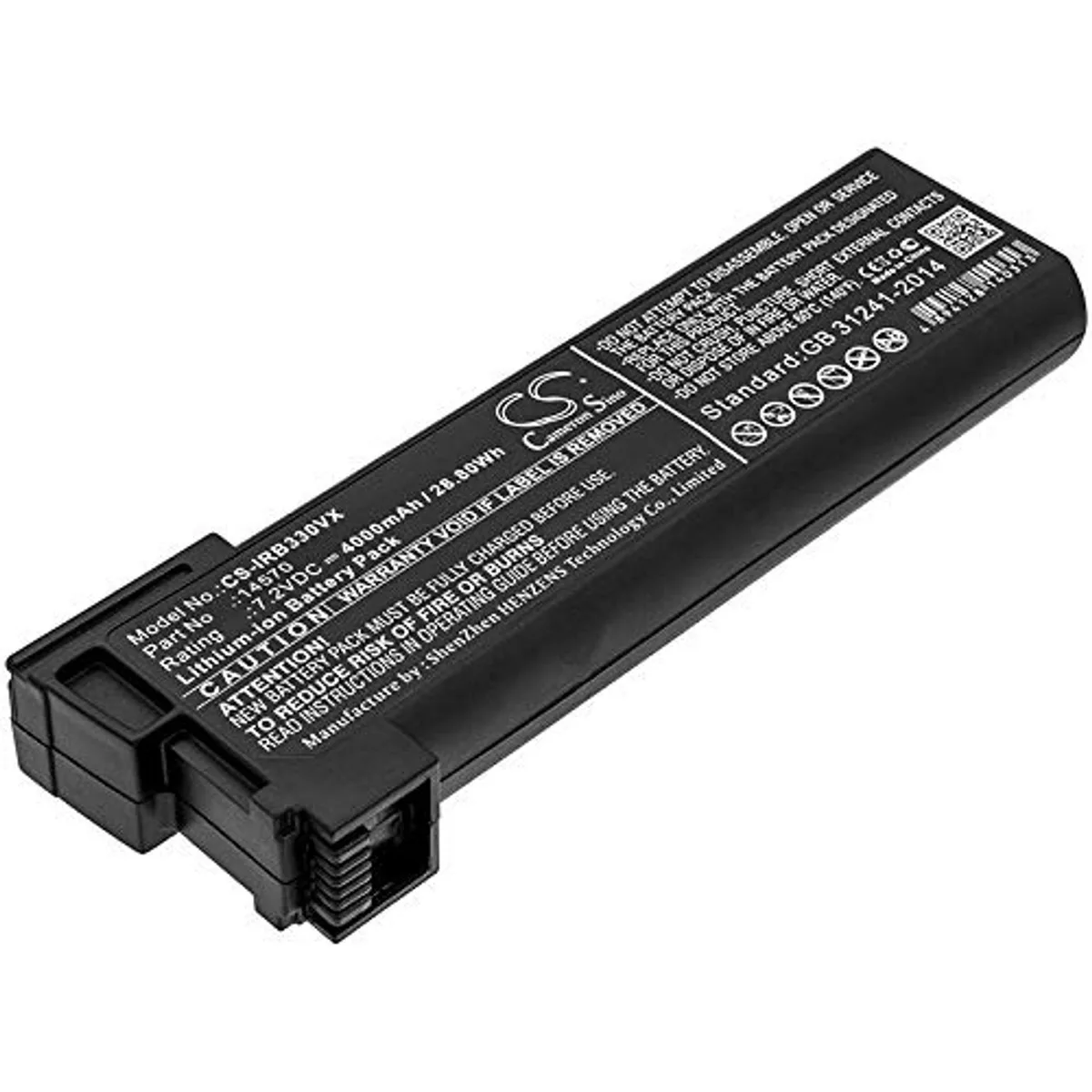 Rectangular lithium-ion battery pack, dark casing, wire connector visible