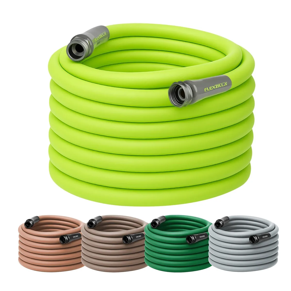 Twelve bright yellow garden hoses coiled together, each 100 feet long with .62 inch diameter and aircraft aluminum fittings
