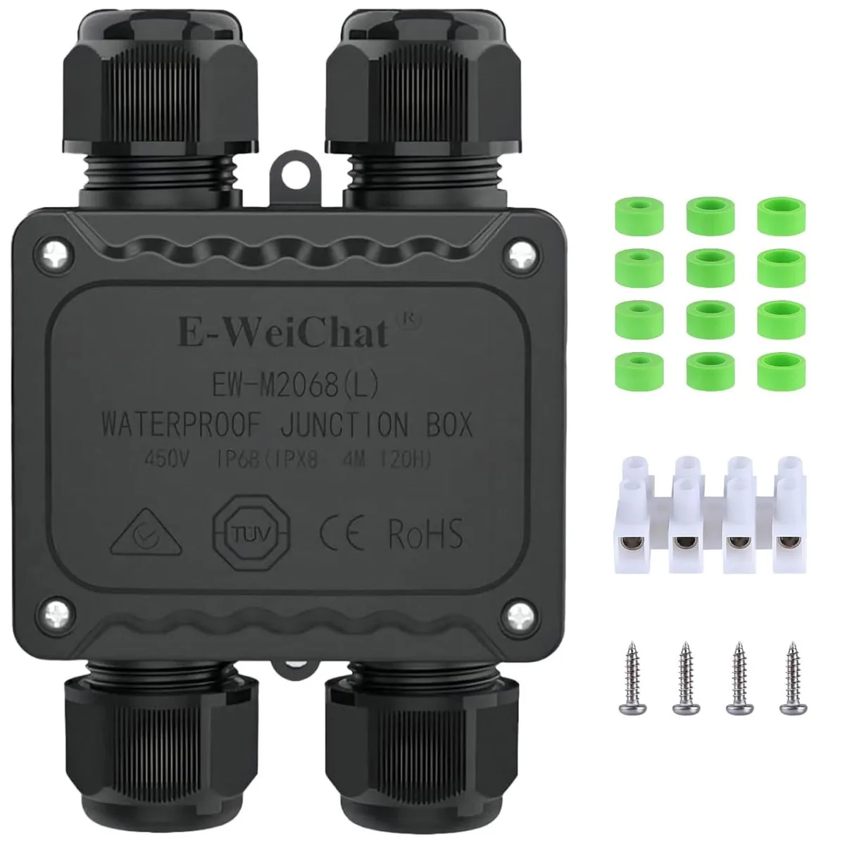 Rectangular black PA66 nylon junction box with four cable glands and silicone seals