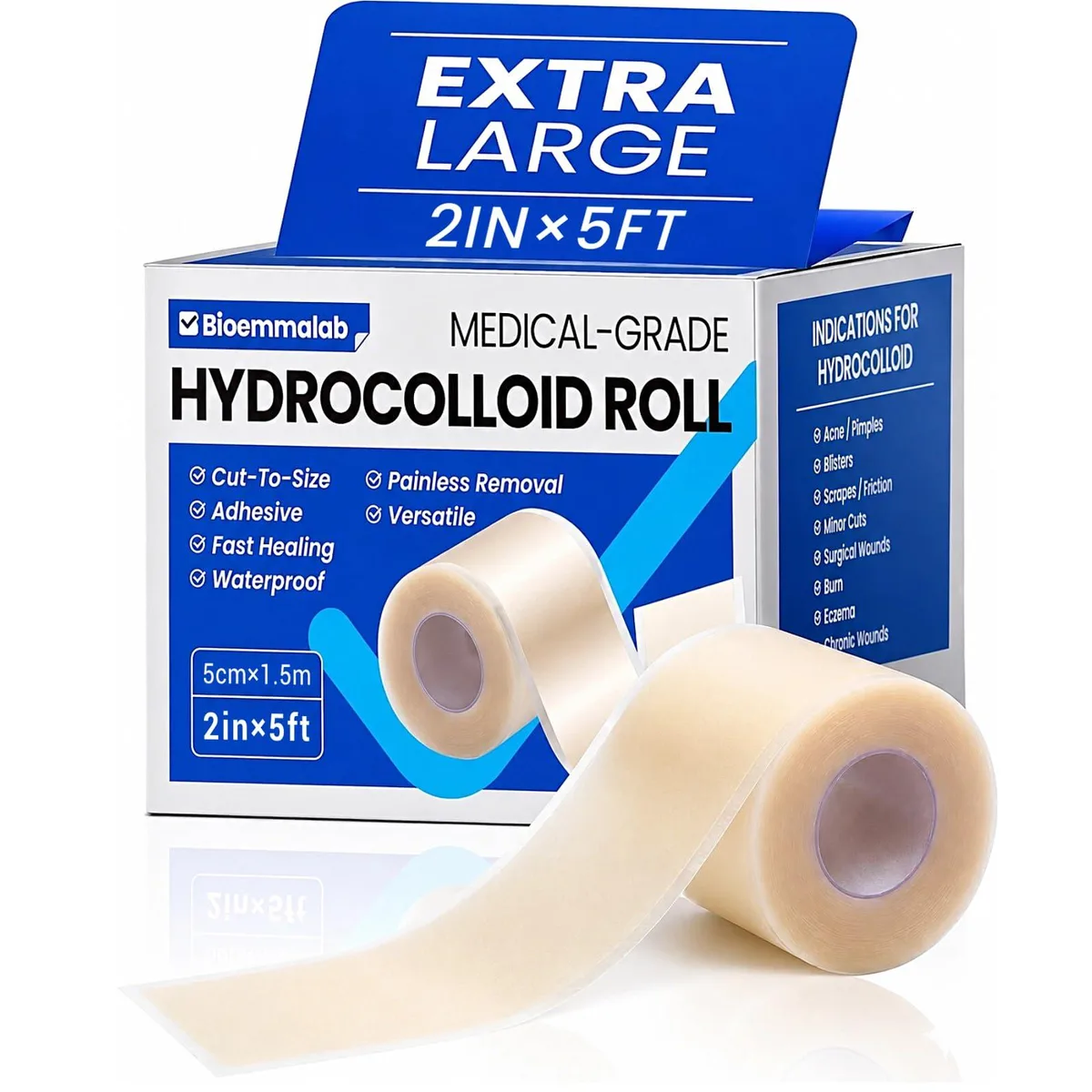 Transparent blue hydrocolloid adhesive roll in dispenser box