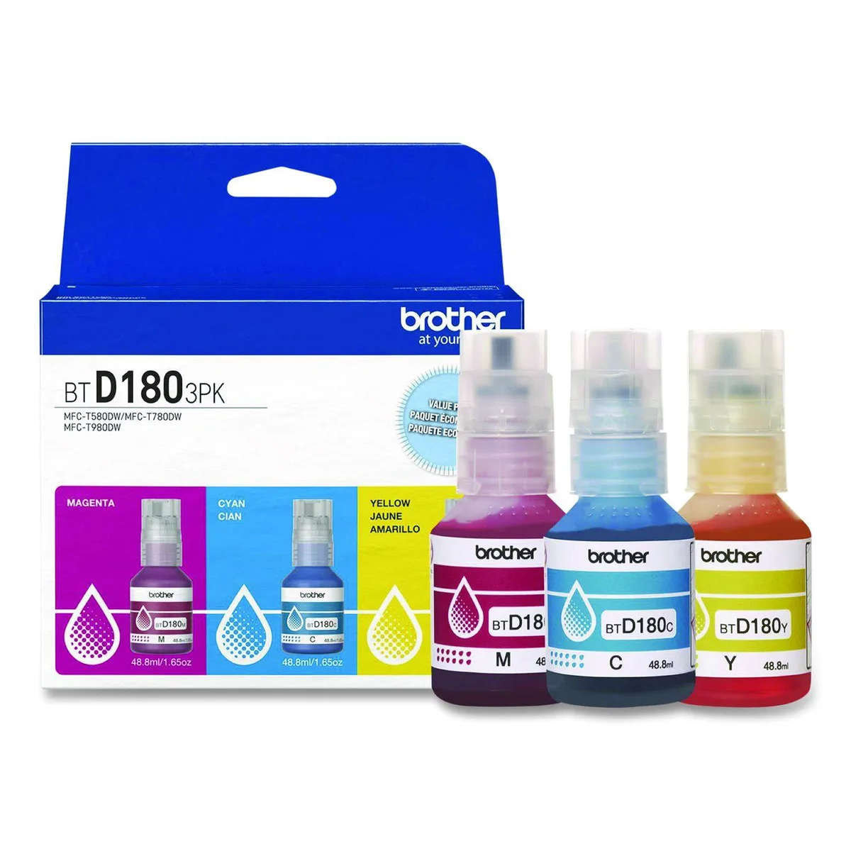 Brother Brother BTD1803PK 3-Pack High Yield Cyan, Magenta, Yellow Ink Bottles (580, 780, 980) — product photo
