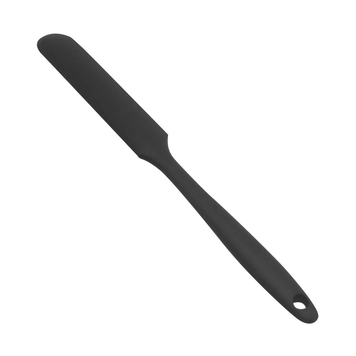 Black 10 inch silicone spatula with rectangular head and hanging hole