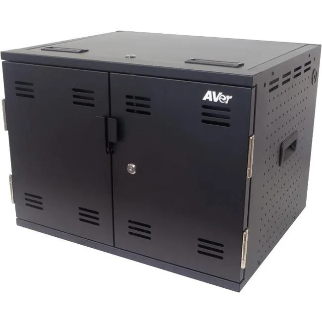 Lexmark CHRGEX016 charging cart with front door open showing 16 device slots