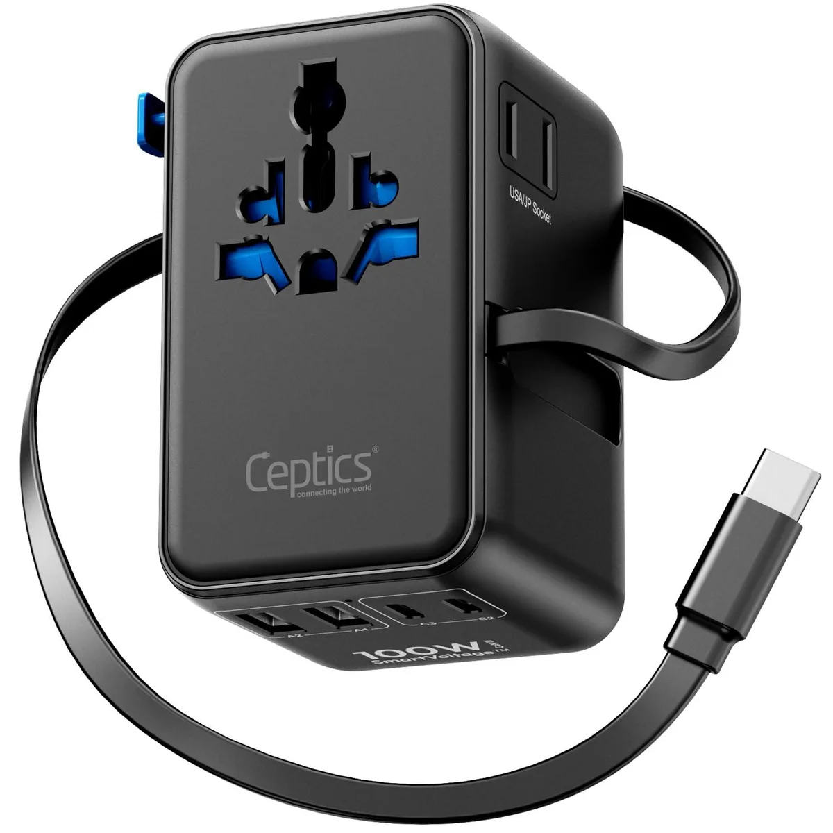 Compact black and blue travel adapter with retractable USB-C cable and folding plug pins