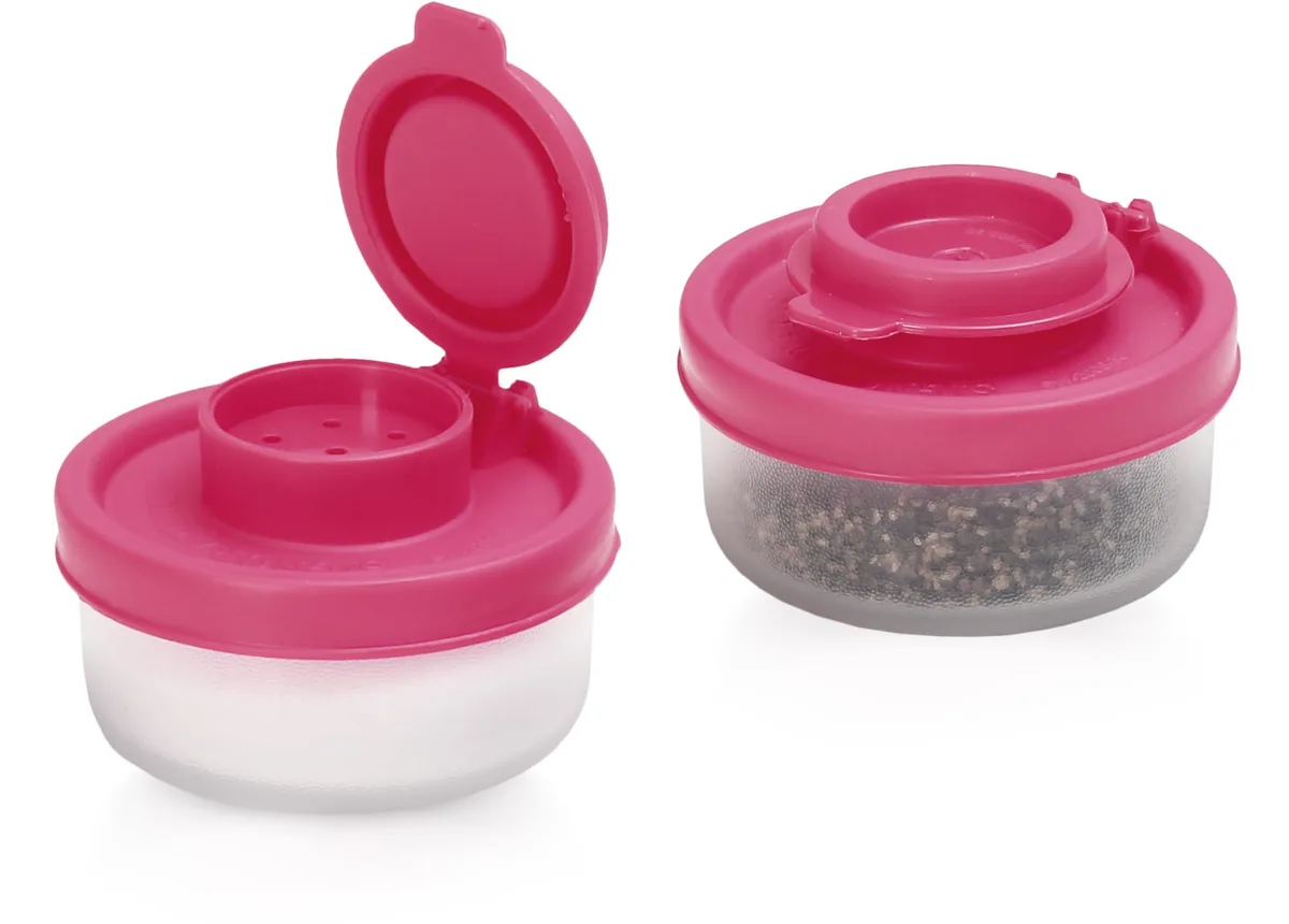 Two clear pink plastic shakers with red lids, 3.9 by 6.6 by 12.3 cm