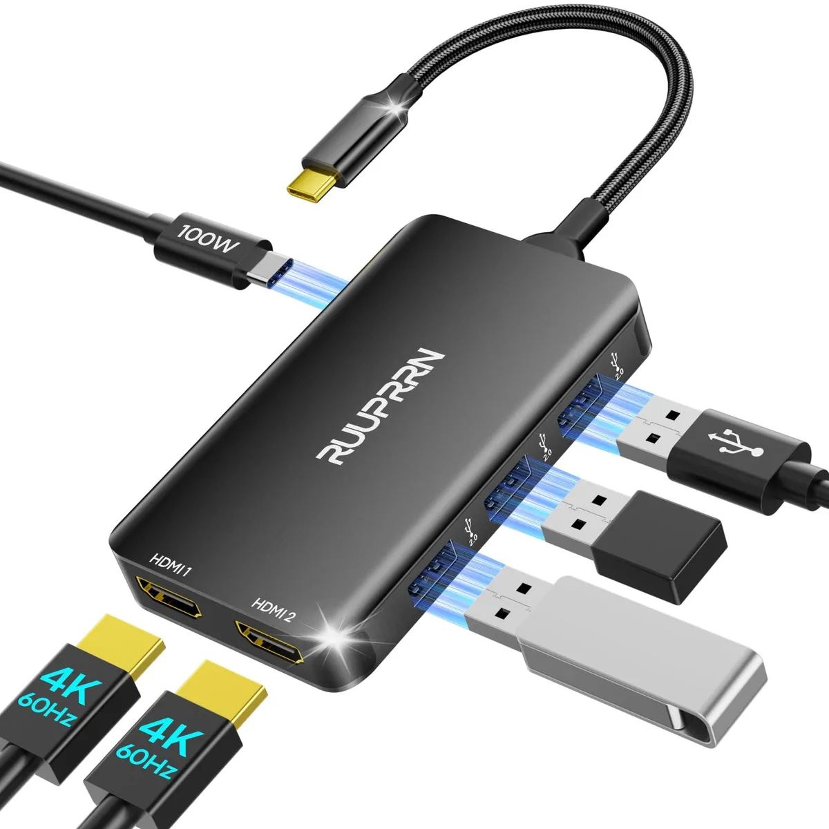  RUUPRRN 6-in-1 USB C Hub Dual HDMI 4K@60Hz 3 USB-A 480Mbps 100W PD — product photo