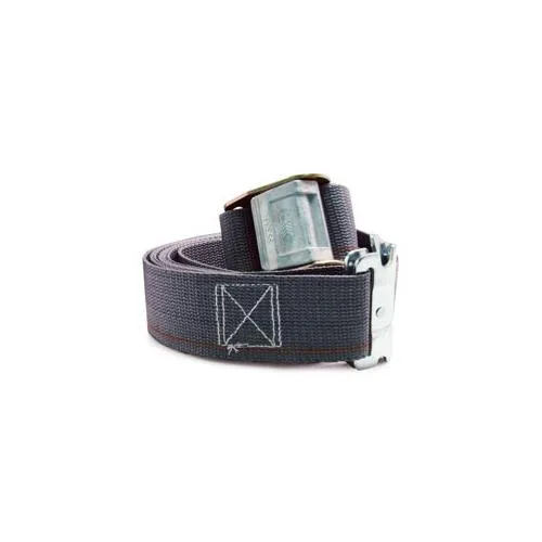 Gray polyester cargo strap with steel spring E-track ends, 16 ft by 2 in