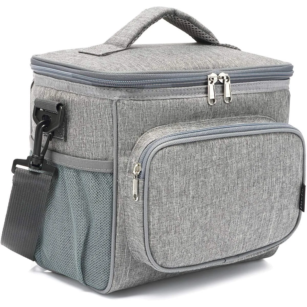 Grey insulated lunch bag with adjustable strap, front zip pocket and dual mesh side pockets