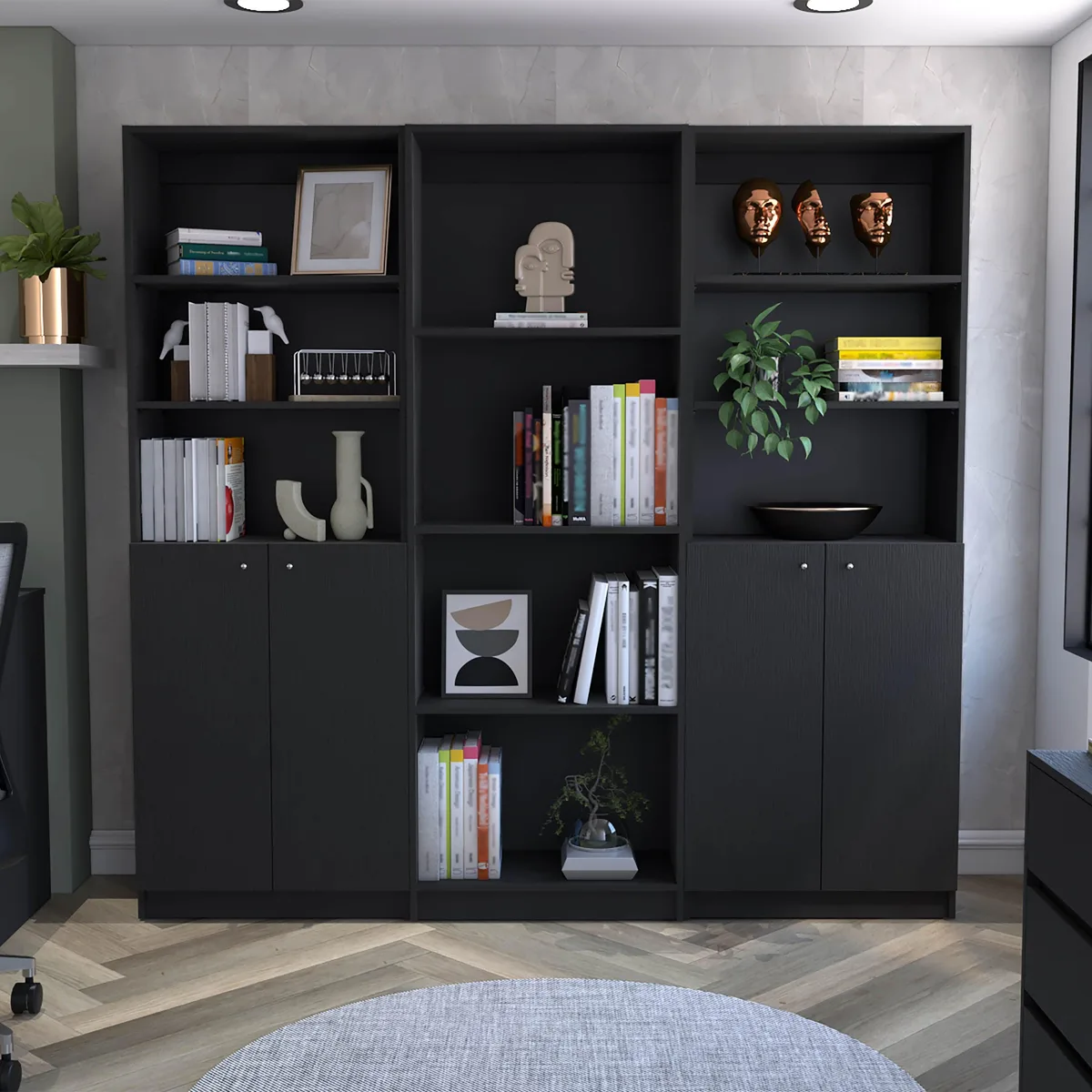 FM FURNITURE FM FURNITURE Encino 3-Piece Living Room Set with 3 Bookcases Black — product photo