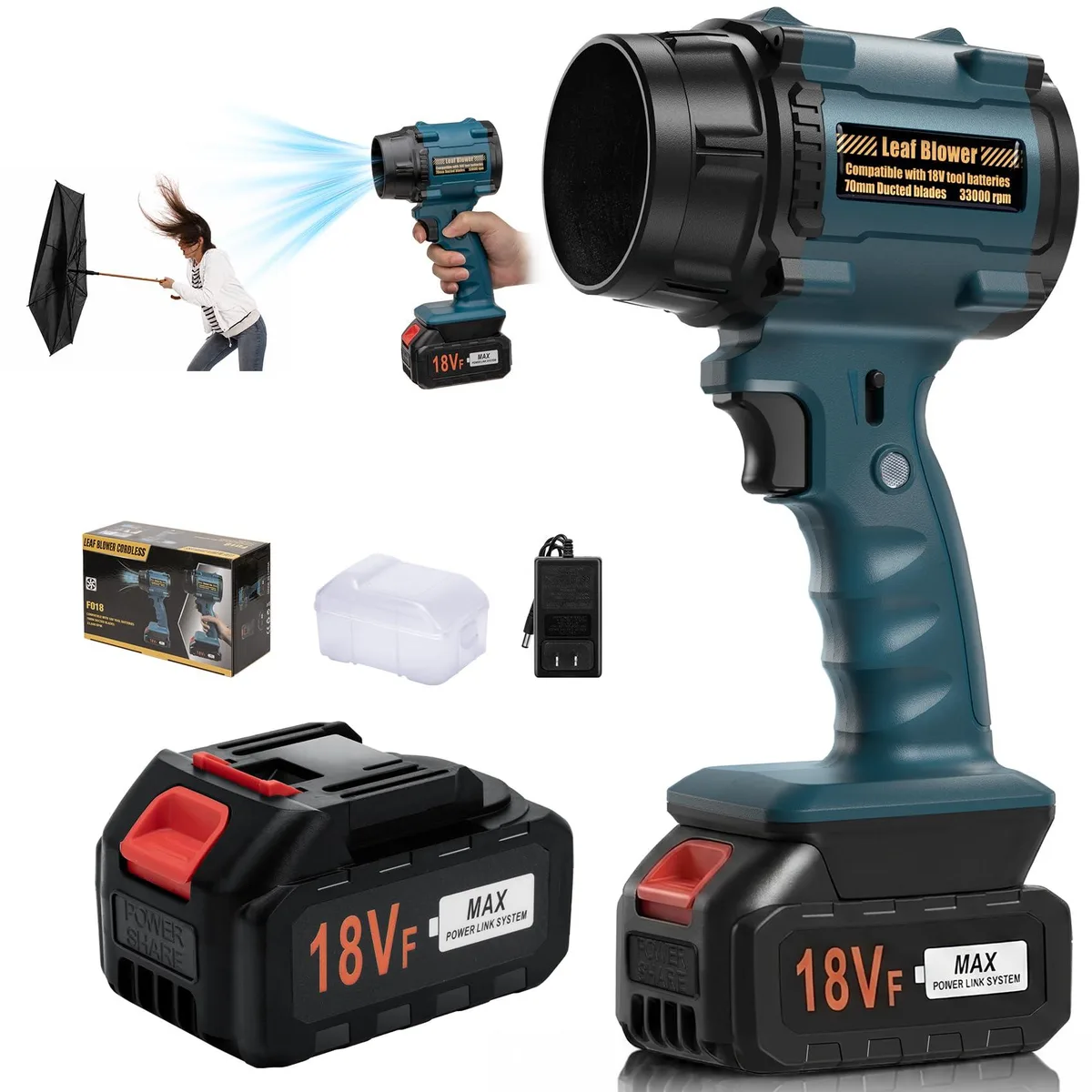 Handheld cordless leaf blower, light body, matte finish, trigger grip