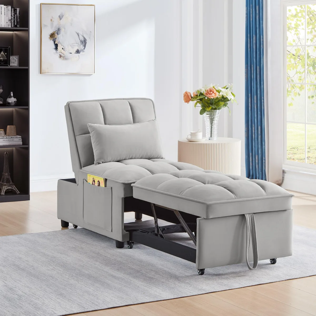 Gray velvet single sofa bed with pull-out chaise and storage pockets
