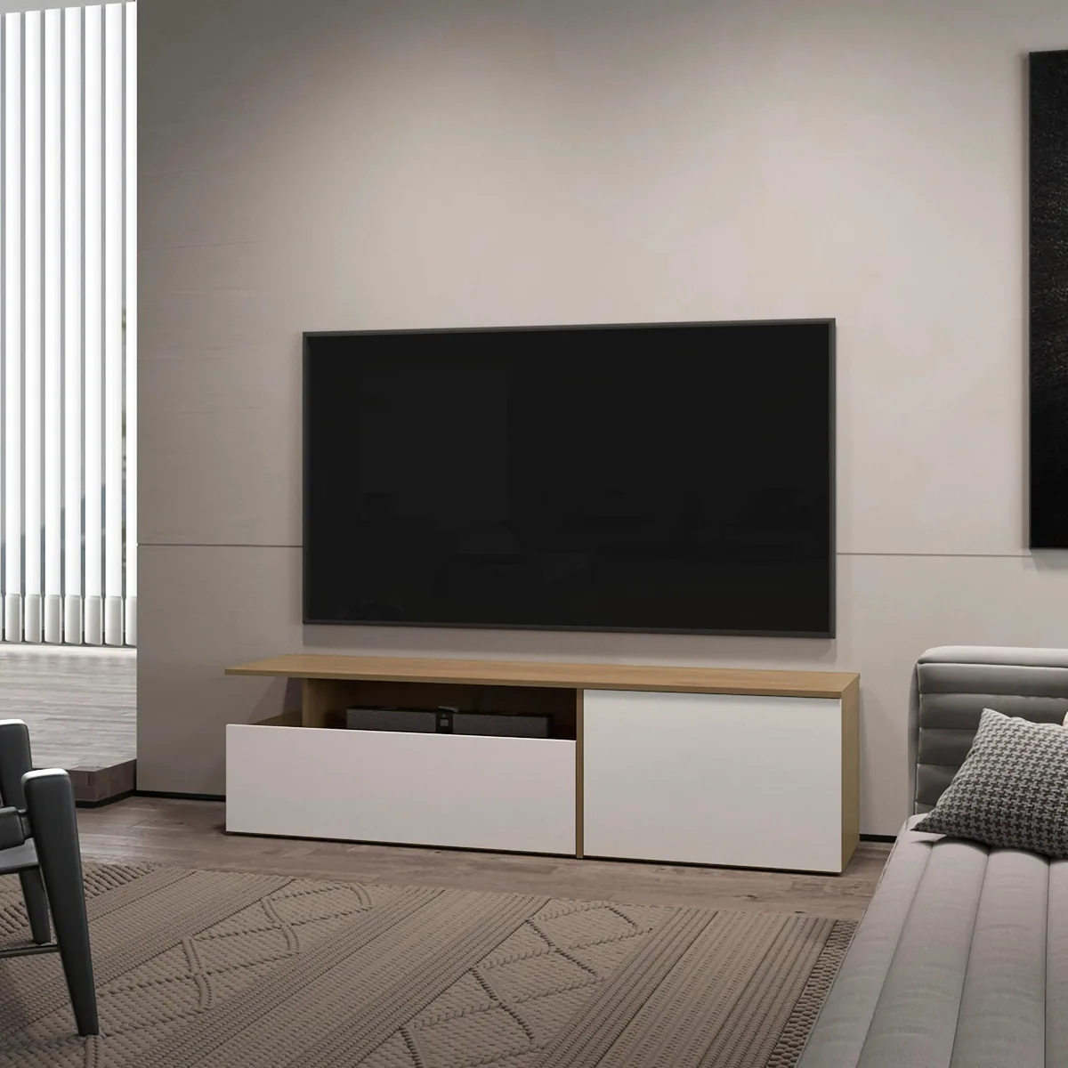 Natural oak and white TV stand with drop-down door and open shelf