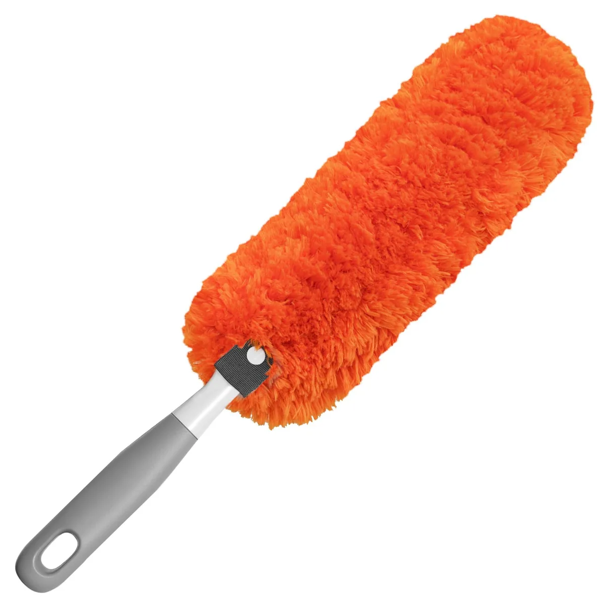 Orange microfiber duster with fluffy head and black handle, 17.5 inches long