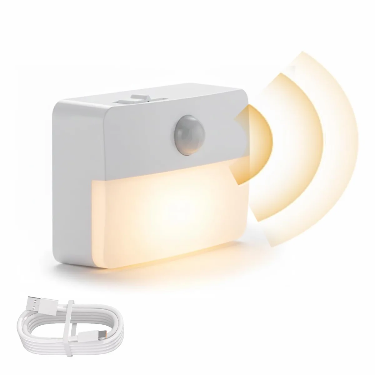 Small white plastic rectangle with frosted front, wall-mounted motion sensor night light