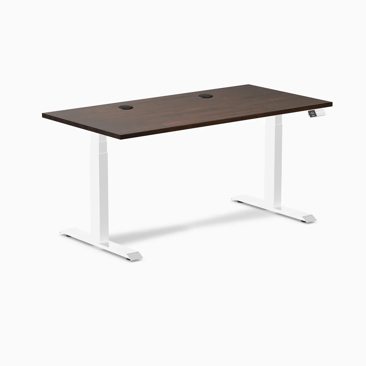 Desky Desky Dual Rubberwood Sit Stand Desk Dark Walnut 60 x 30 inches Grommets White office furniture — product photo