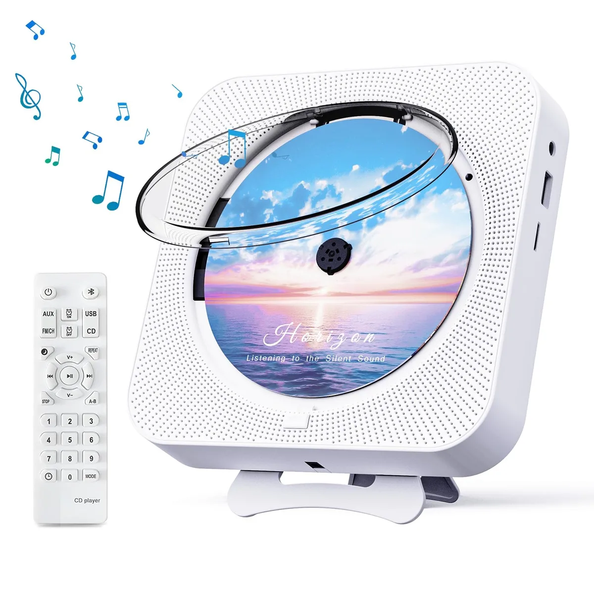 White compact CD player with front slot, LCD display, built-in speakers and wall-mount kit
