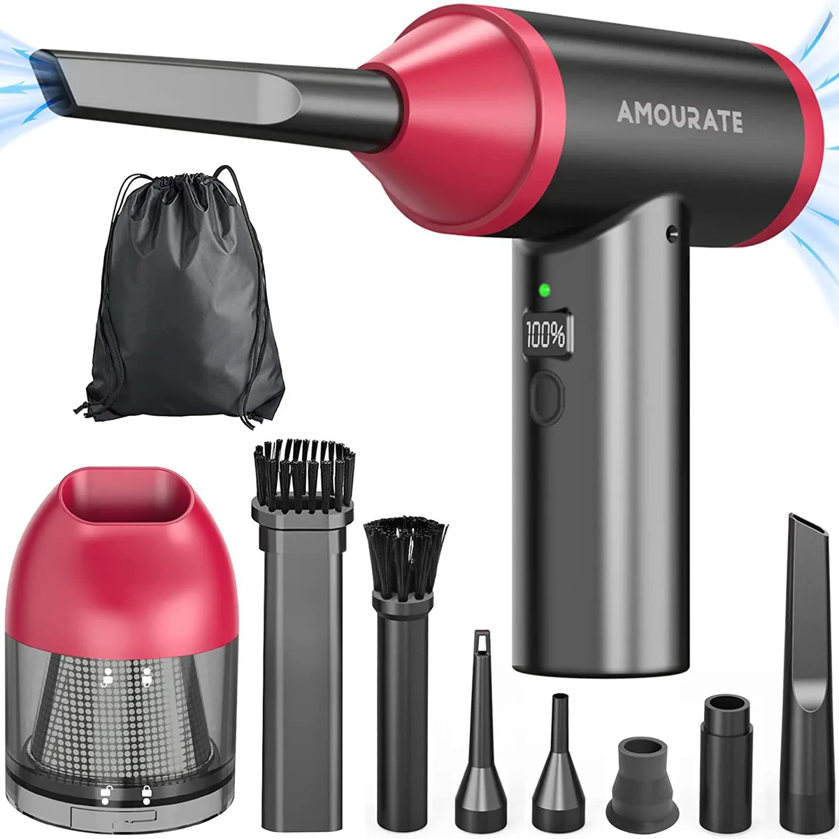 Cordless air duster and vacuum with LED display, full-length handle and multiple nozzles