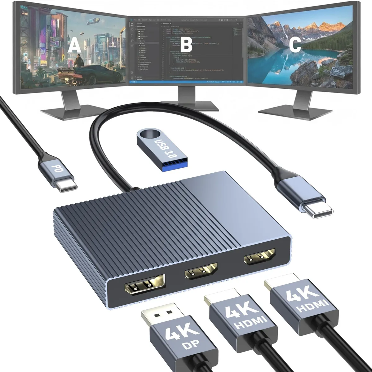 Aibilangose AIB-5-Port-HD/DP 5-in-1 USB-C to dual HDMI and DisplayPort adapter with 100W PD and USB 3.0 — product photo