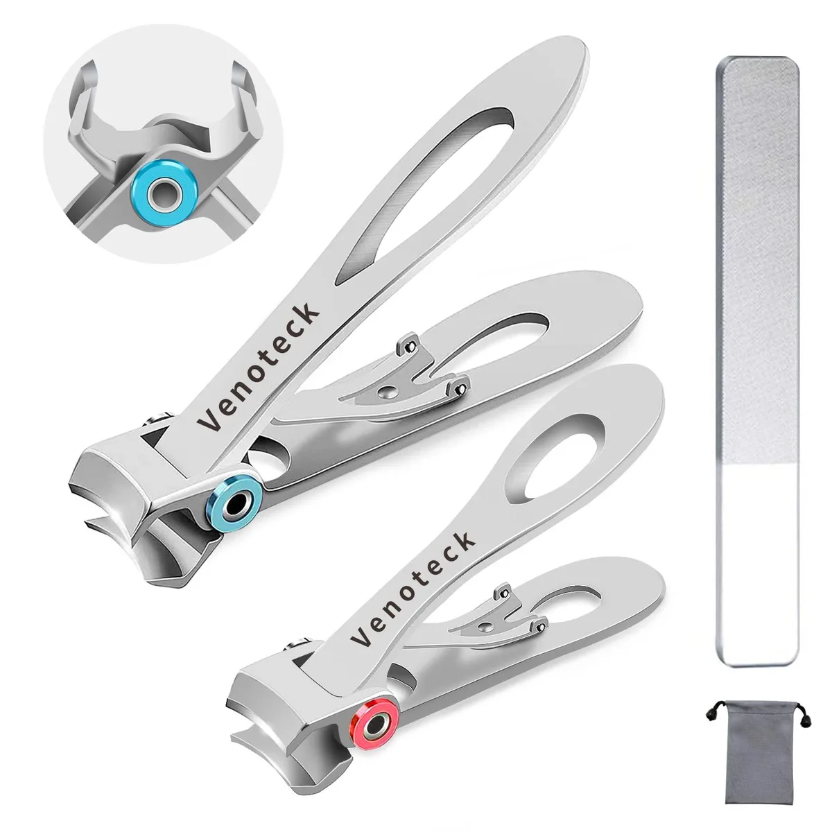 Two stainless steel nail clippers, one large one small, curved silver finish, with nano file and pouch