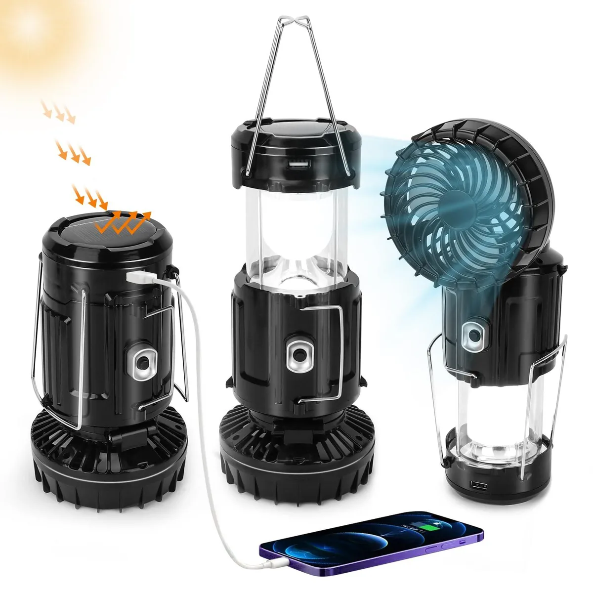 Black collapsible solar lantern with integrated fan and carry handle