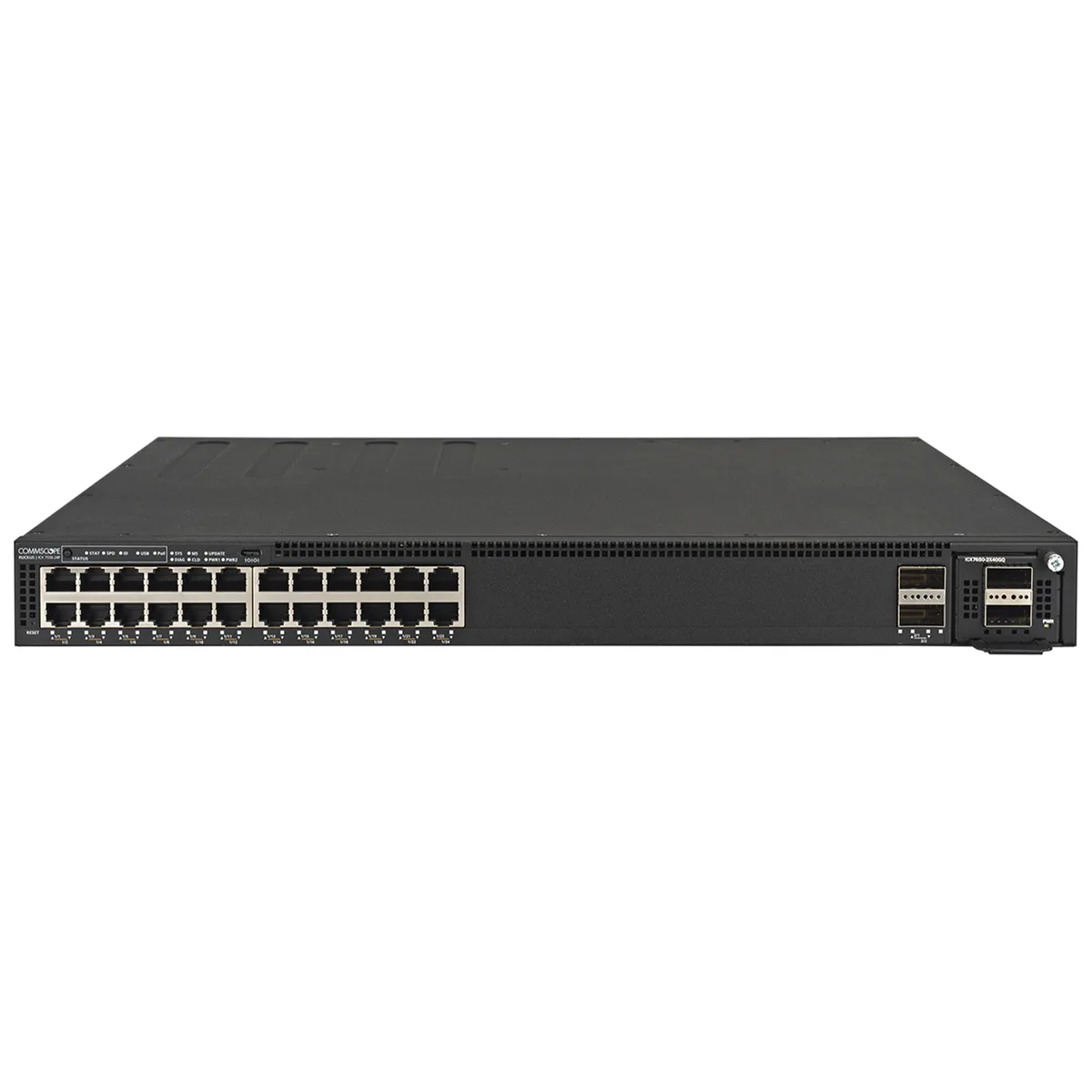 Silver 1U rackmount network switch with 48 RJ45 ports and modular uplink slot