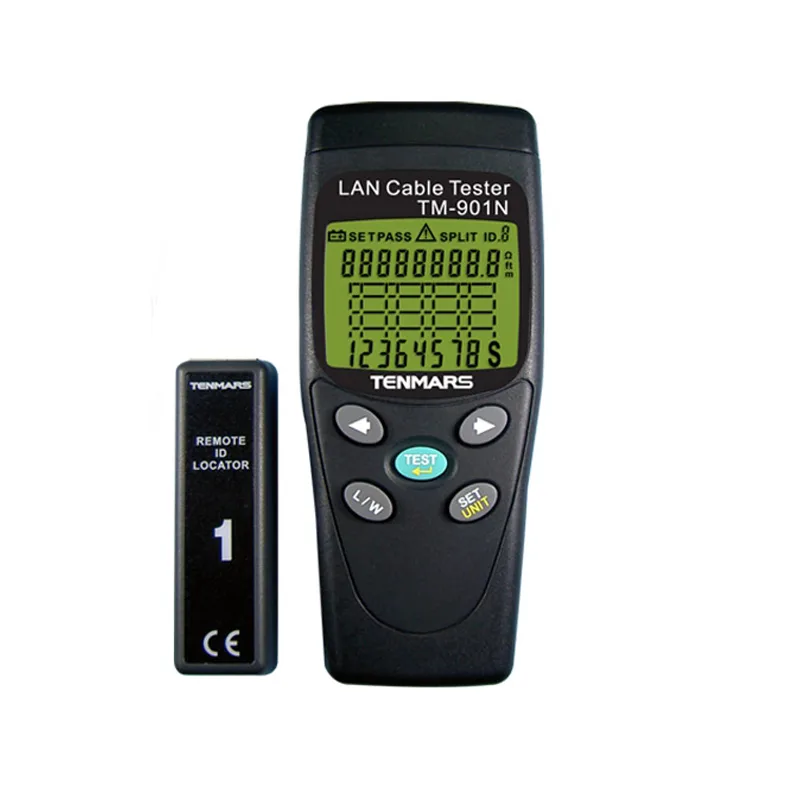 Red handheld LAN cable tester with backlit LCD screen and RJ-45 ports