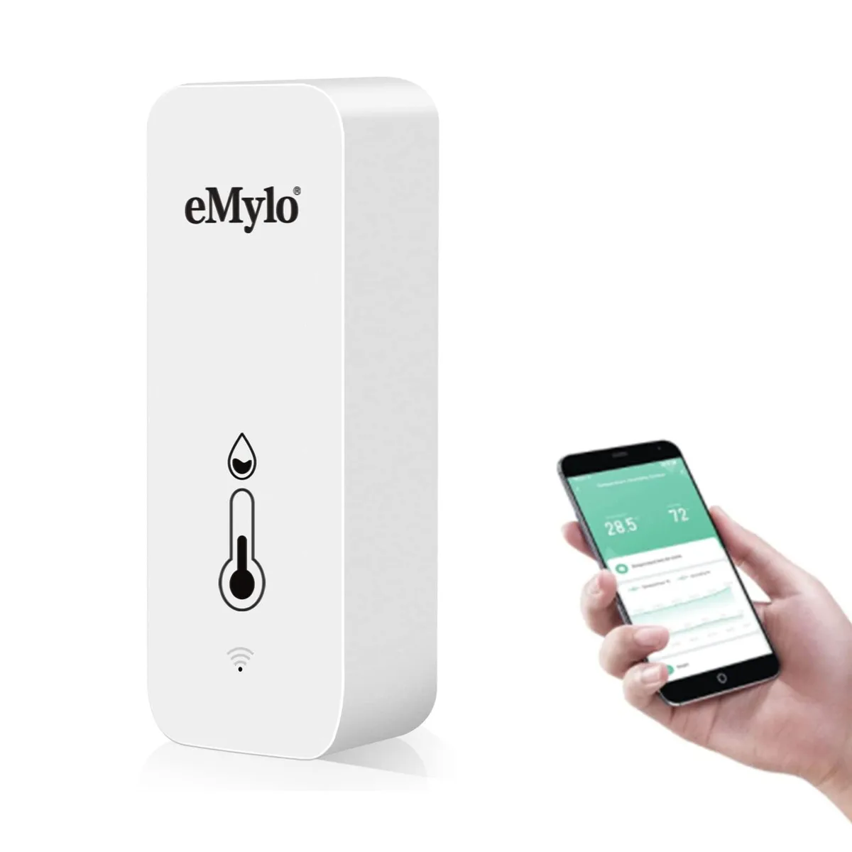 Small white rectangular sensor with rounded corners, freestanding or adhesive-mounted