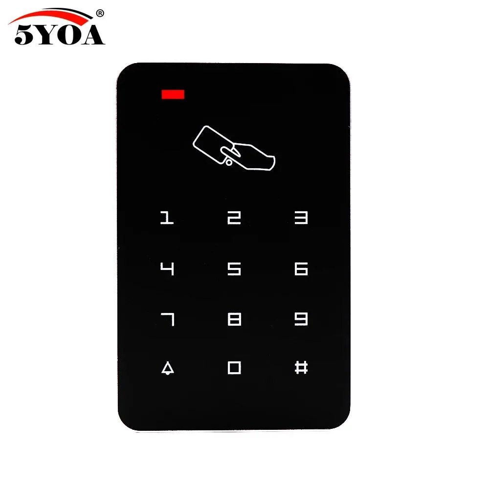 Rectangular silver metal keypad with card reader and ten grey key fobs