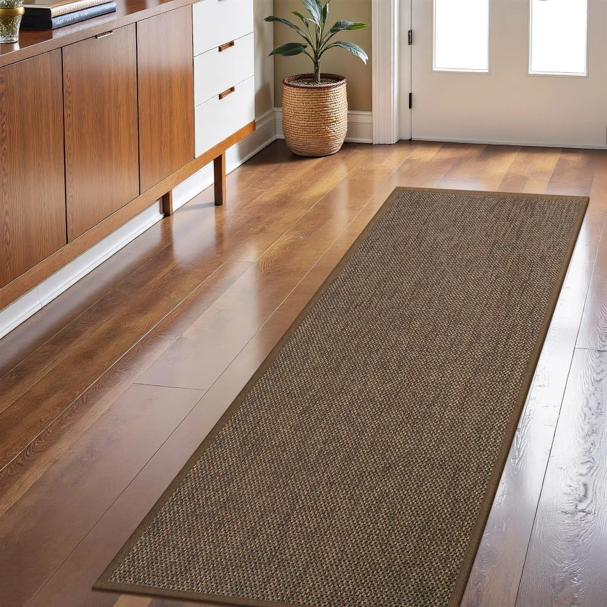 Black bamboo door mat, rectangular 24 by 59 inches, low-profile with rubber backing