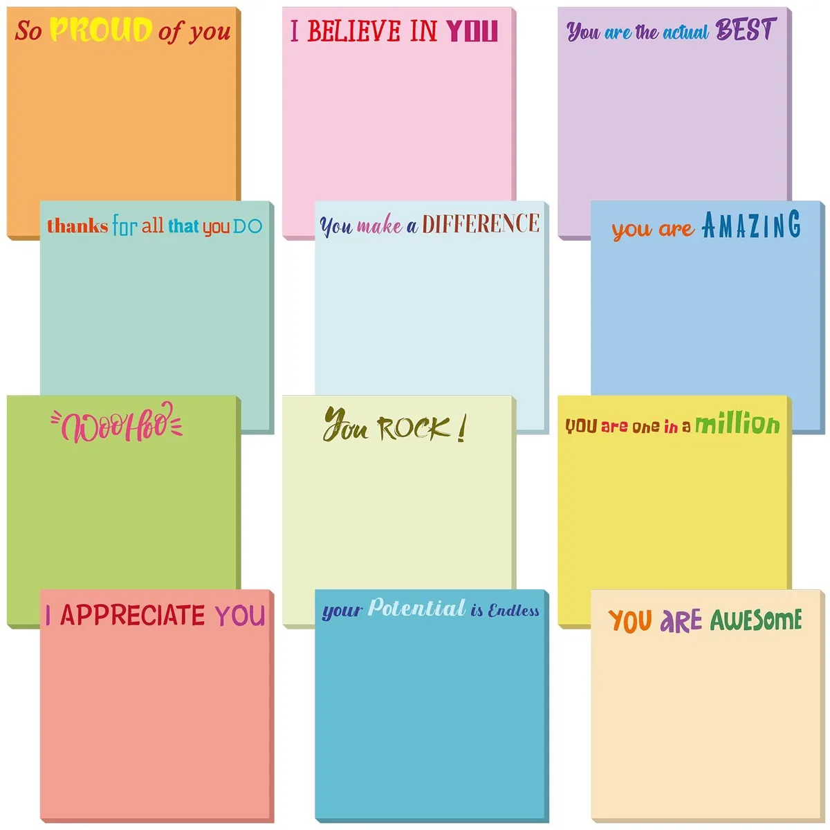 Twelve square sticky note pads in assorted colours with printed appreciation quotes