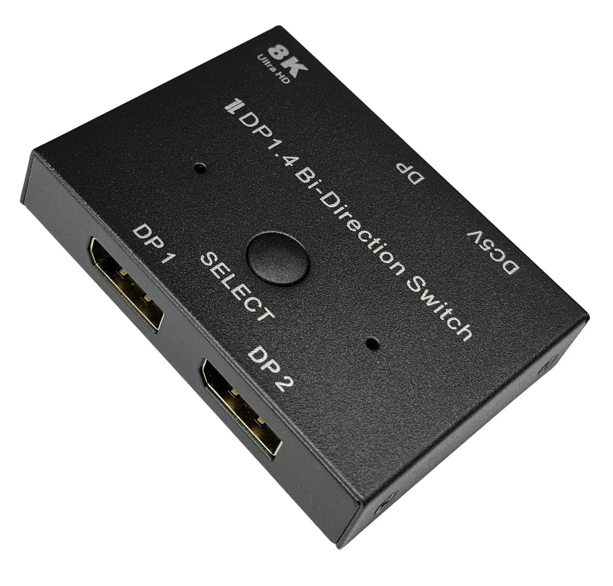 Small iron box with two DisplayPort sockets and a select button