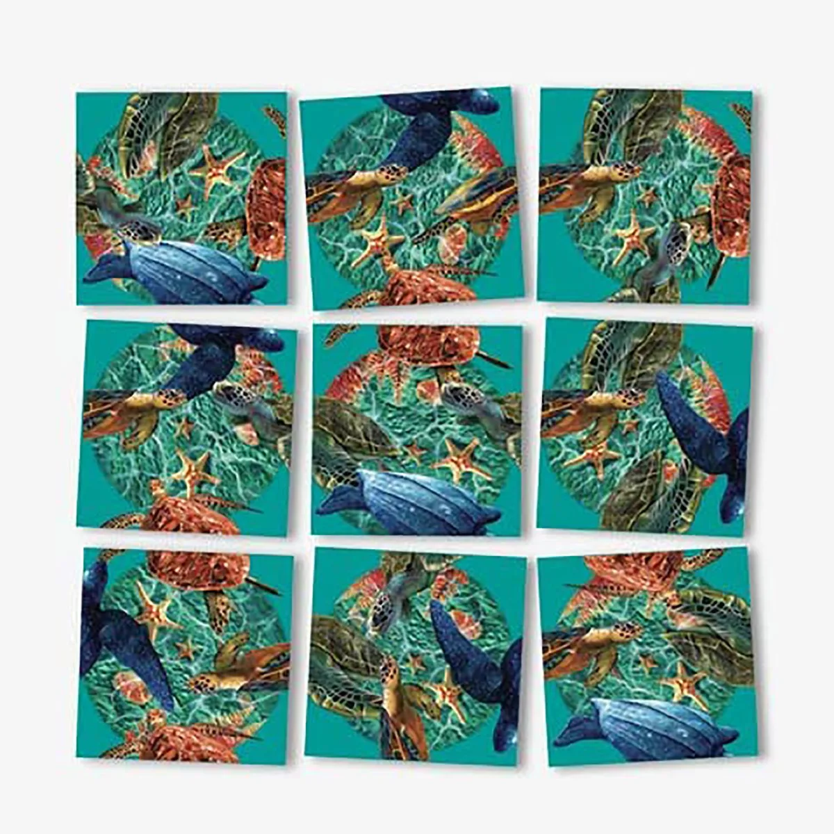 Nine illustrated square puzzle pieces forming a 12-inch sea turtle design