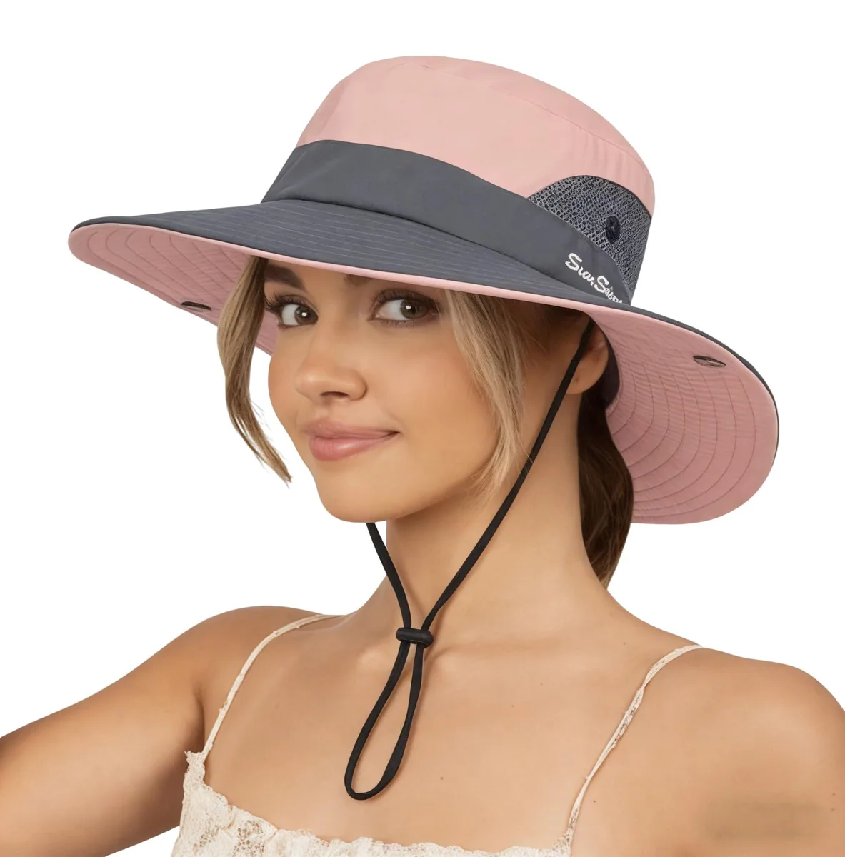  Sun Hat Pink Ponytail Hole Wide Brim Mesh Foldable — product photo