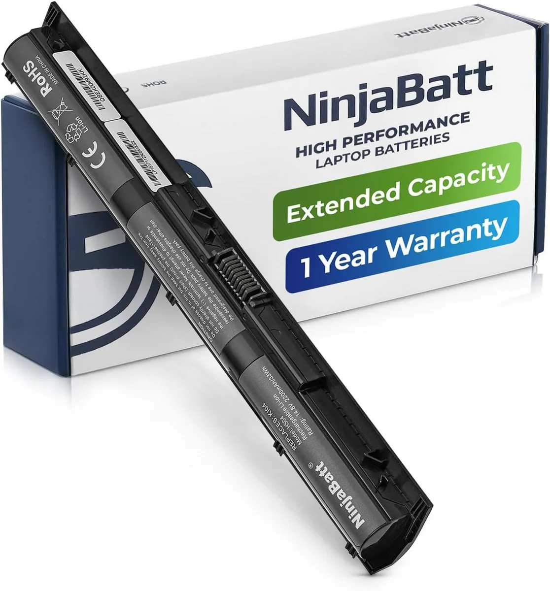 Rectangular black laptop battery with four cells and label showing 14.8V 2200mAh 33Wh