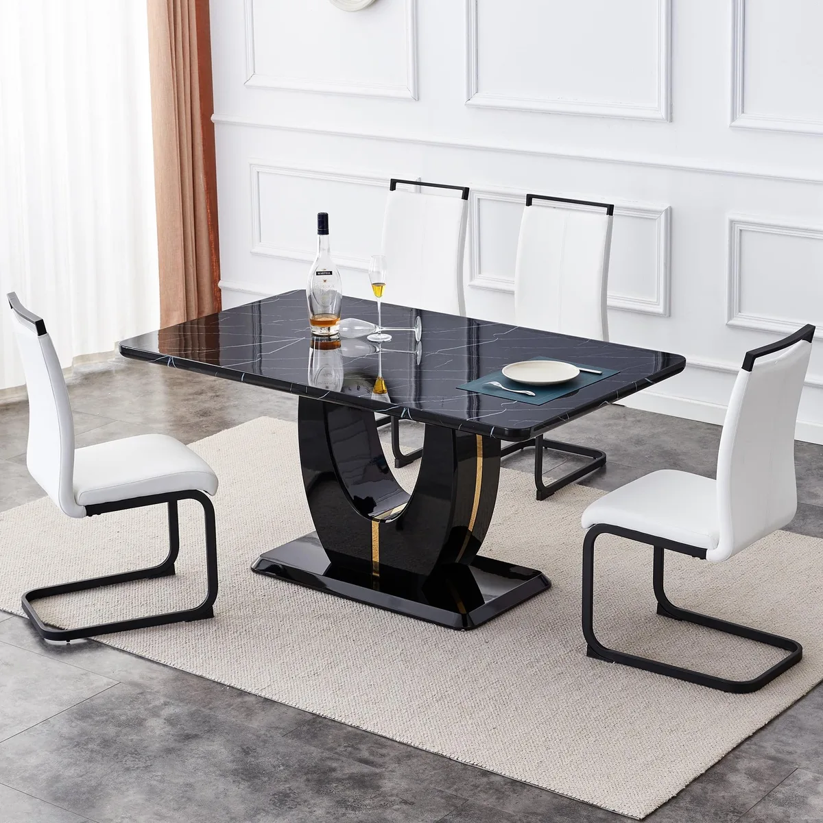 Sumdeal Sumdeal 63" Black Faux Marble 5-Piece Dining Set with 4 White C-Shaped Chairs — product photo