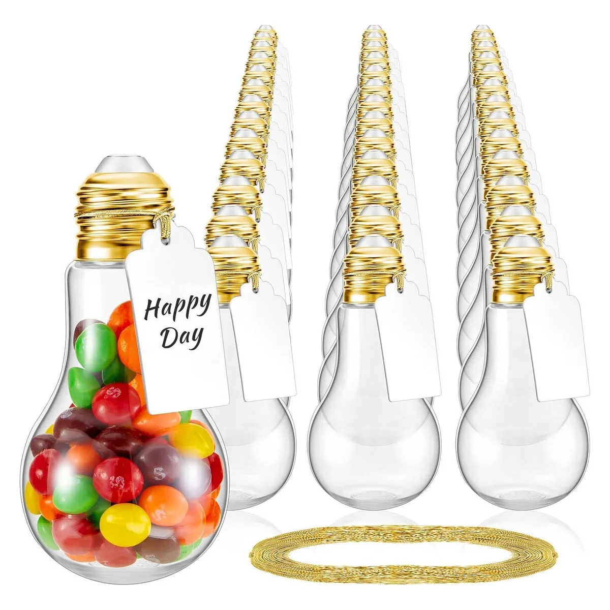 48 gold plastic light bulb jars with cards and string