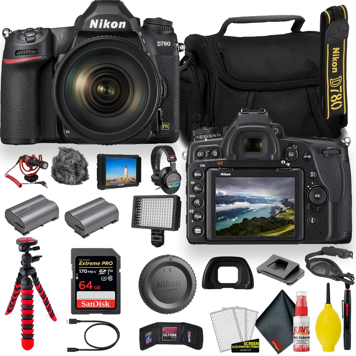Nikon International Nikon D780 24.5MP Full Frame DSLR Camera Video Bundle with 7in Monitor Rode Mic 64GB Card Sony Headphones — product photo