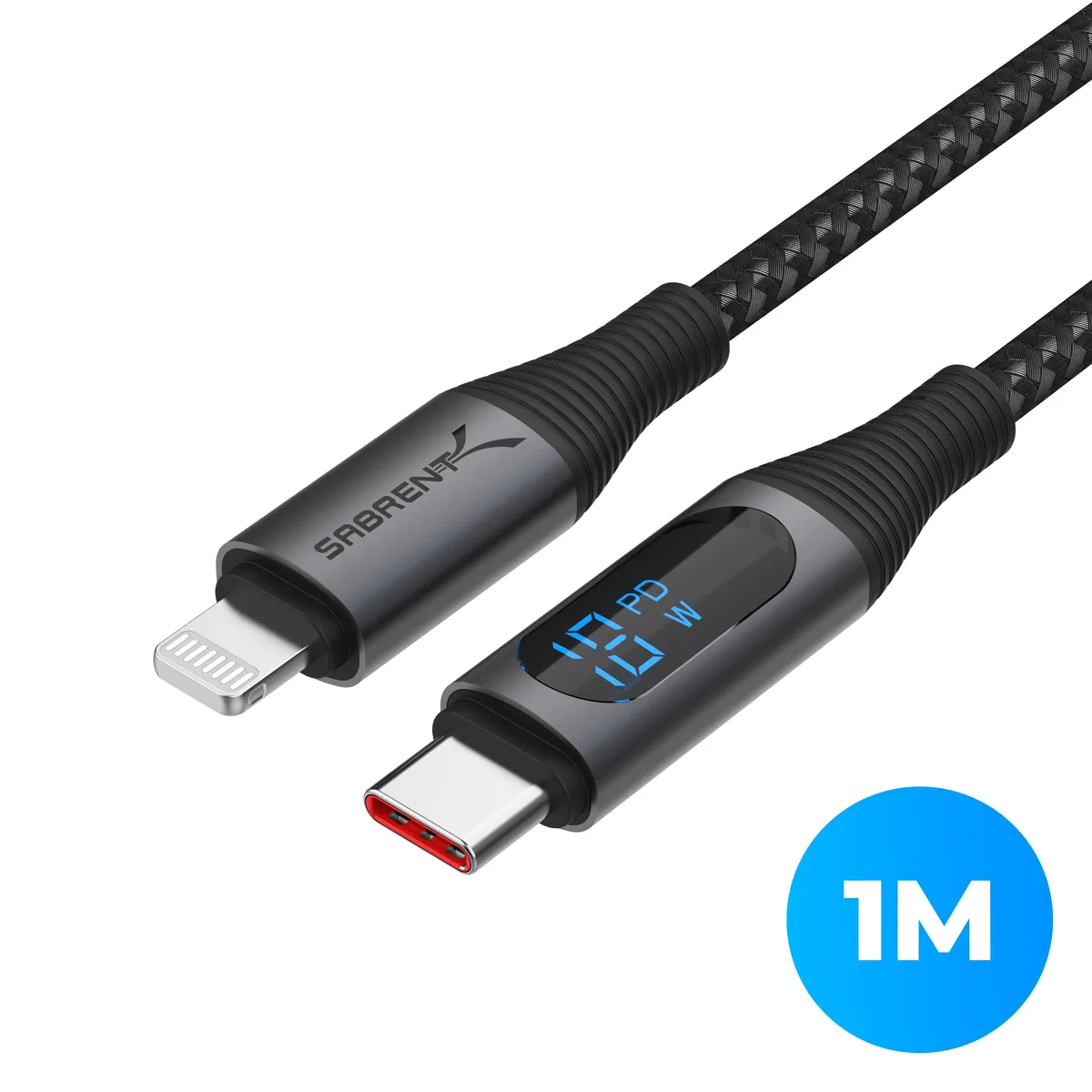 Sabrent Sabrent USB-C to Lightning Cable with Smart Display 1m 60W 480Mbps Dark Gray — product photo
