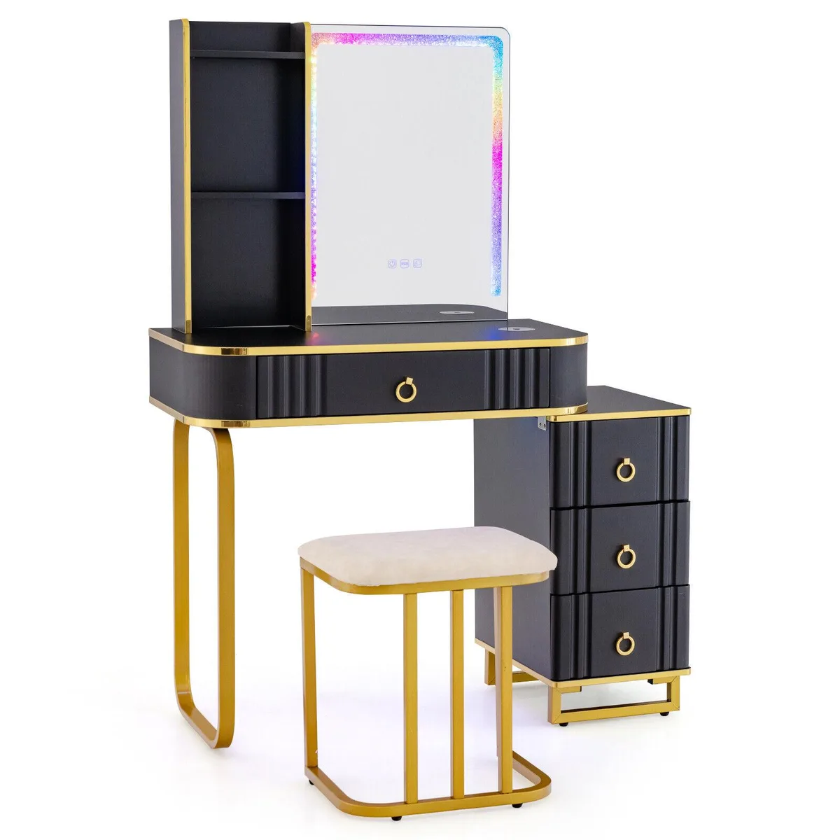 Black vanity table with RGB-lit mirror, wireless charging pad, three drawers and matching stool