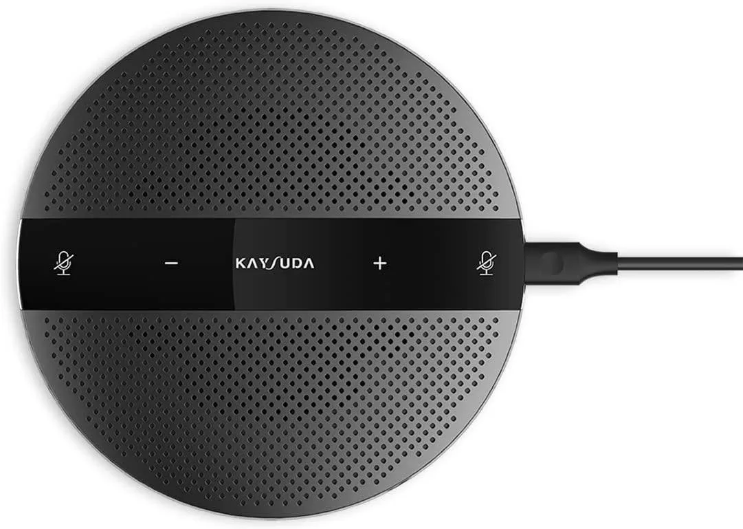 Compact round USB speakerphone with 360-degree microphone and 3.5mm earphone port
