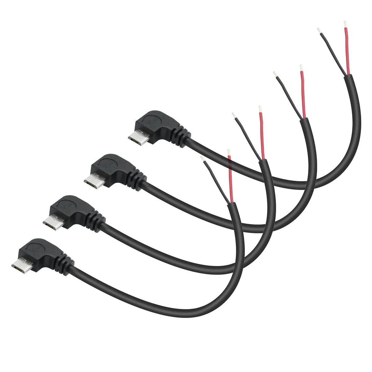 Four black right-angle Micro USB cables with bare wire ends, 11 inches each