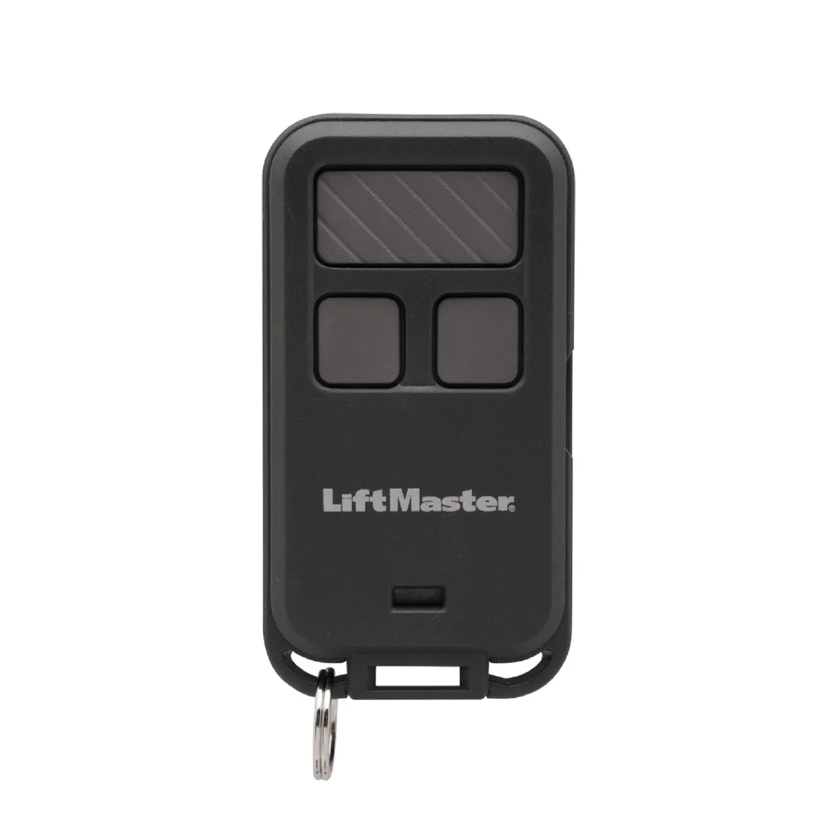 Small grey key-fob remote with three raised buttons and key-ring loop