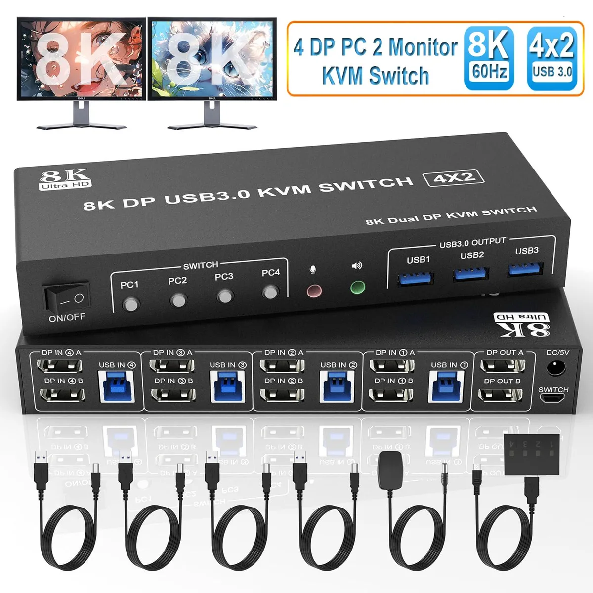 IHDAPP IHDAPP 8K@60Hz DP 1.4 KVM Switch 4 Port 2 Monitor 3 USB 3.0 — product photo