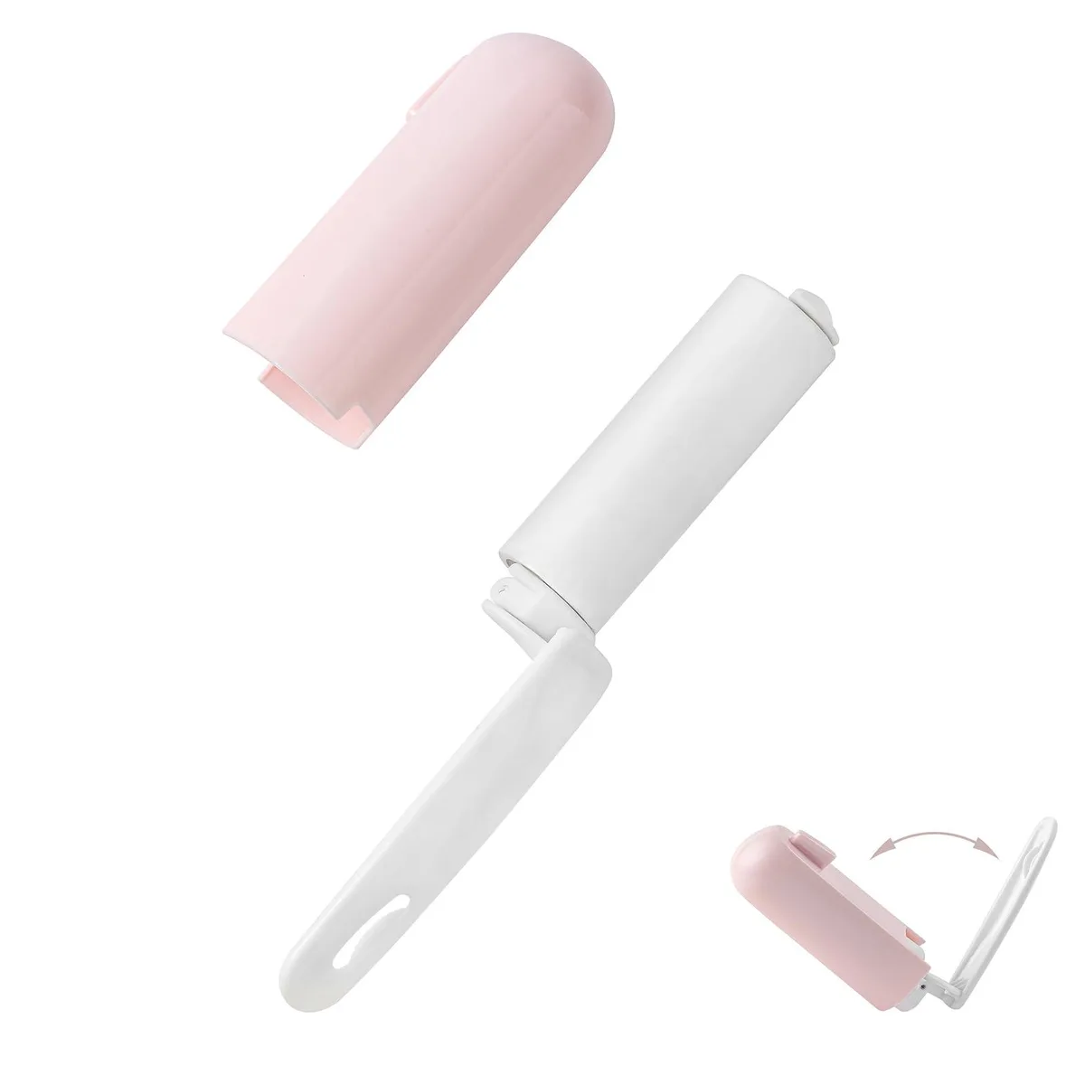 Pink folding mini lint roller with cover, 3.6 by 1.6 by 1.3 inches