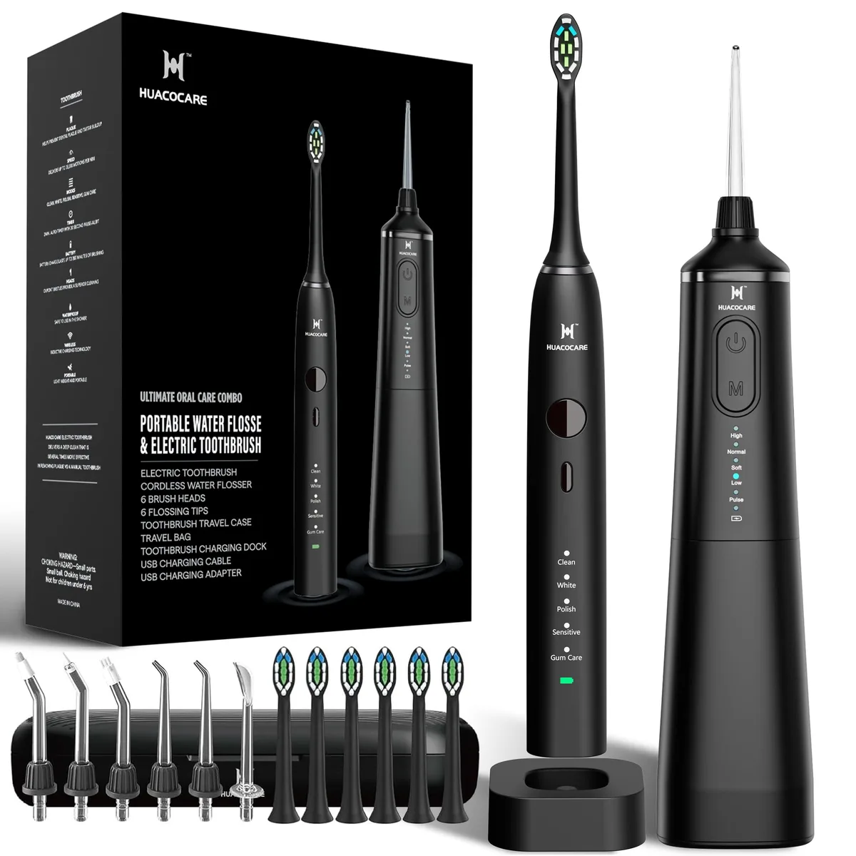 Black oral care kit with water flosser and sonic toothbrush, 300ml tank, six tips, matte finish