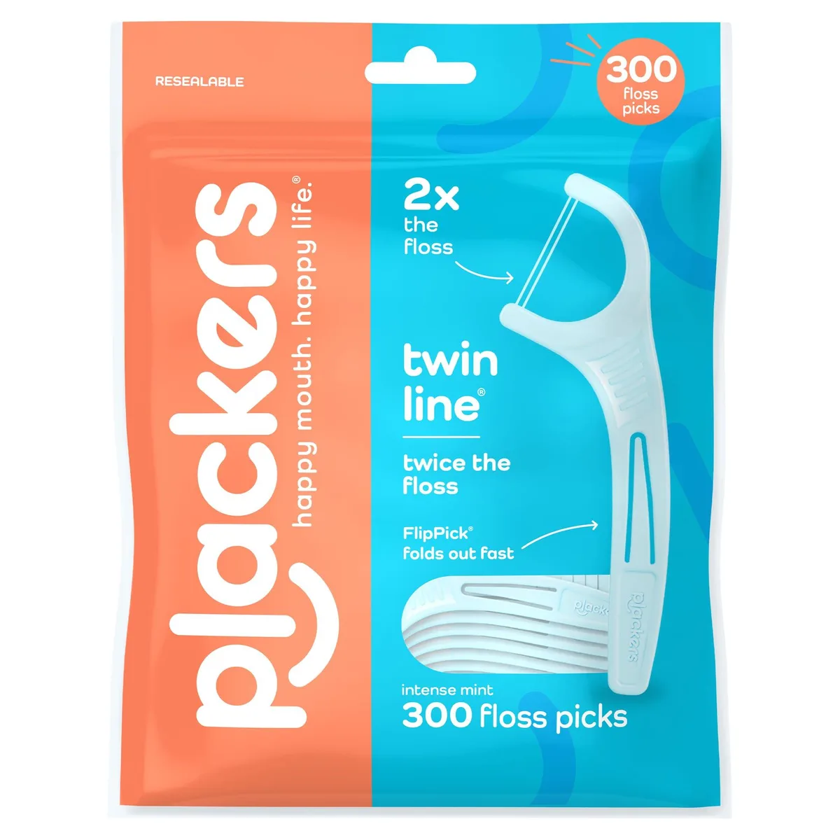 White plastic container holding 300 mint floss picks with dual lines and fold-out toothpick